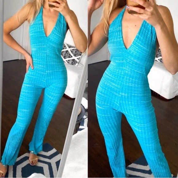 ZARA Turquoise Blue Ribbed Cotton Blend Jumpsuit size medium - Picture 14 of 14